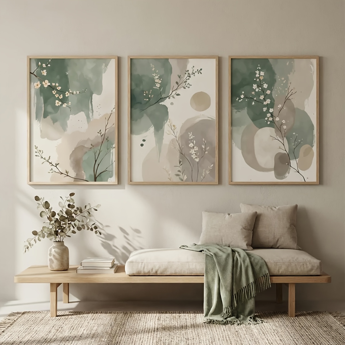 Interior Design Office - 3-teiliges Japanisches Pflanzen-Leinwandbild Rahmenlose Abstrakte Aquarell-Salbeigrün