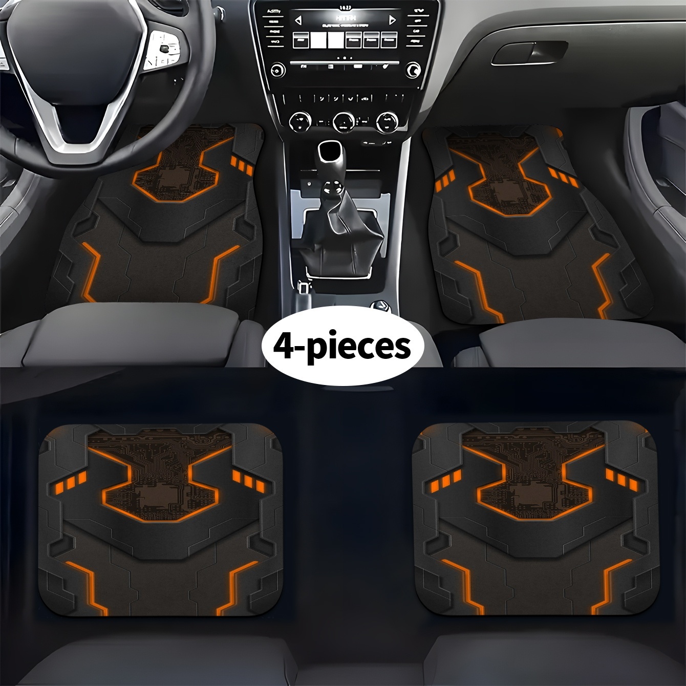 Interior Design Tech - 4-teiliges Allwetter-Passform-Fußmatten-Set – robustes, schwarz-orangefarbenes Tech-Muster-Design,